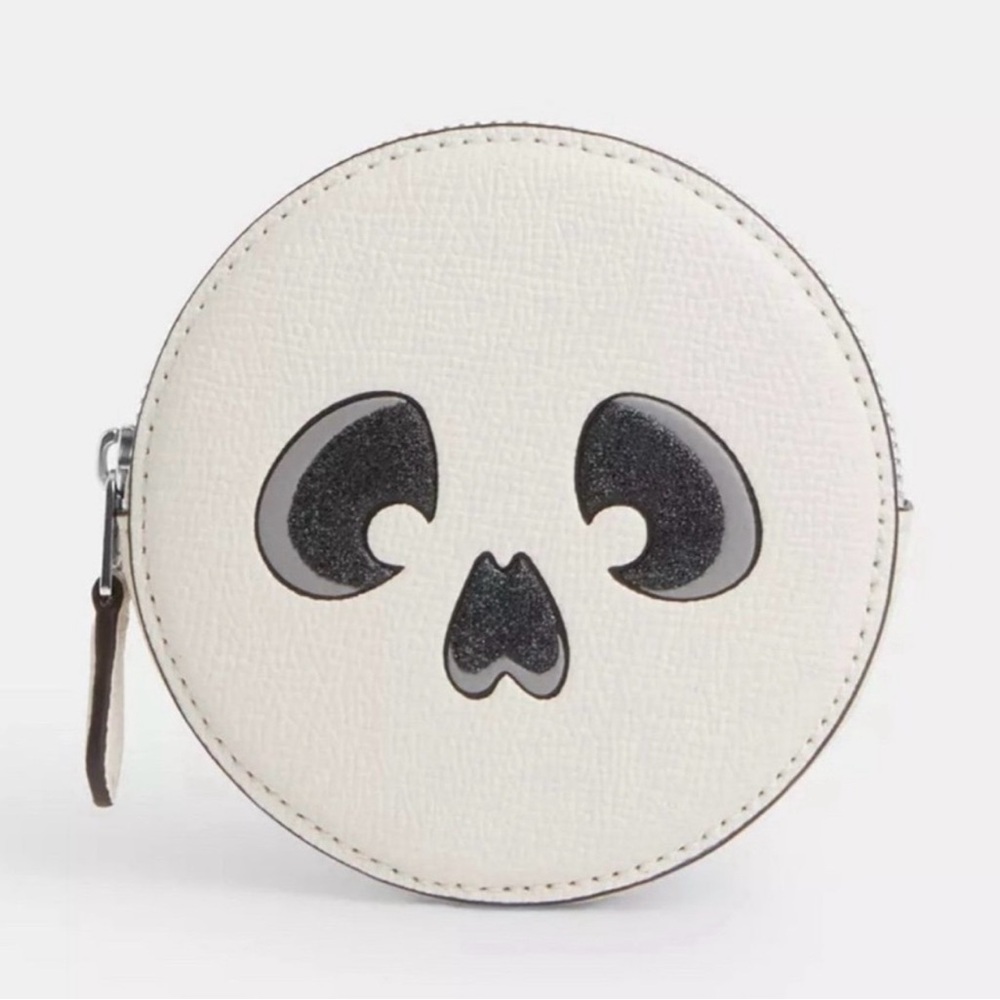 Coach Halloween Skeleton Ghost Coin Case in Chalk White Crossgrain Leather NWT